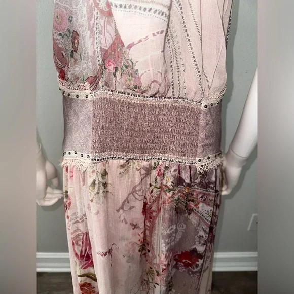 Camilla “Istenanya” pink floral silk strap flowy dress w shirred waistband L/XL?